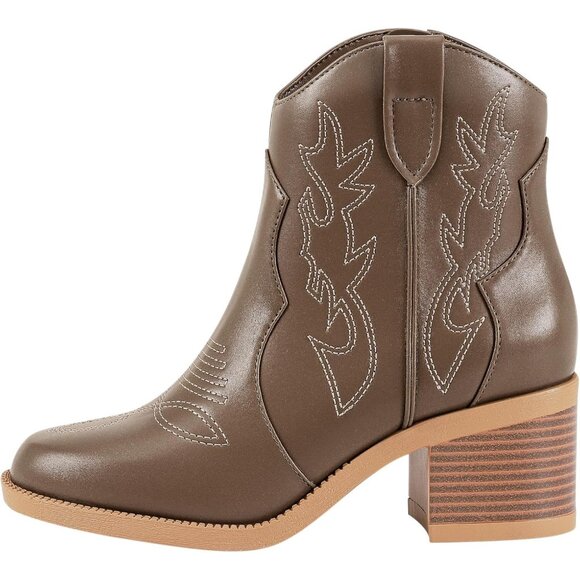 Women's Polyurethane Tan Embroidered Round Toe Short Ankle Chunky Heel Boots - Picture 7 of 7